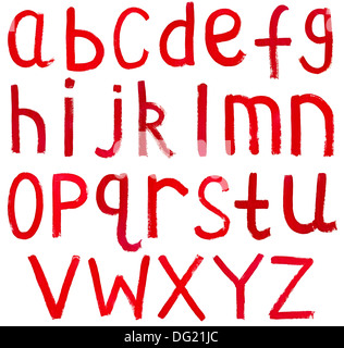 Set di inglese lettere minuscole scritto a mano da vernice rossa su sfondo bianco Foto Stock