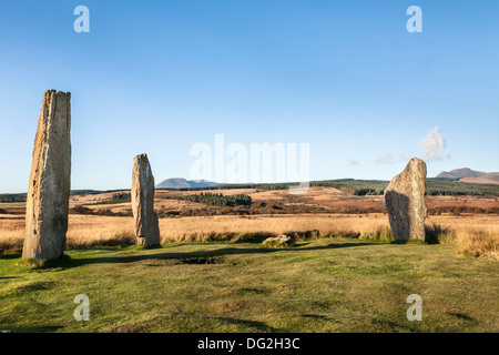 Pietra permanente a Machrie Moor sull'isola di Arran in Scozia. Foto Stock