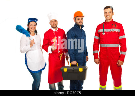 Le persone in fila con professione diversa isolati su sfondo bianco Foto Stock