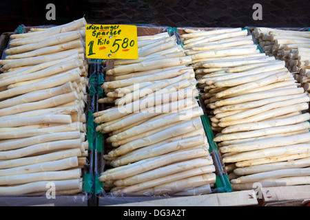 Gli asparagi da Nienburg presso un mercato in stallo, Hannover, Bassa Sassonia, Germania, Foto Stock