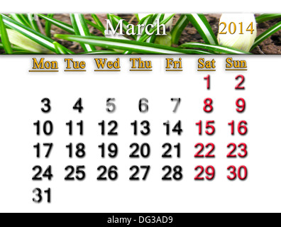 Calendario per il mese di marzo di 2014 anno con crocus Foto Stock