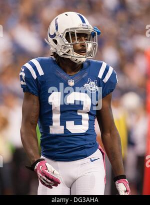 Indianapolis, OH, Stati Uniti d'America. 6 Ottobre, 2013. Ottobre 06, 2013: Indianapolis Colts wide receiver T.Y. Hilton (13) durante il gioco di NFL tra i Seattle Seahawks e Indianapolis Colts a Lucas Oil Stadium di Indianapolis, IN. La Indianapolis Colts sconfitti i Seattle Seahawks 34-28. © csm/Alamy Live News Foto Stock