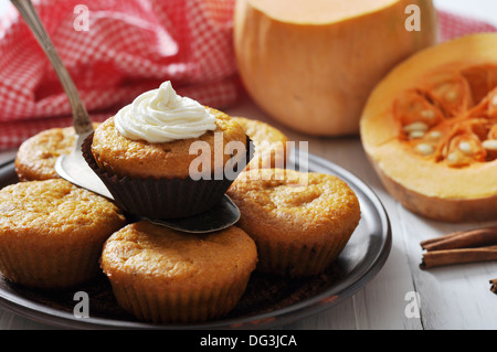 Muffin di zucca su vintage tavolo di legno con materie di zucca Foto Stock