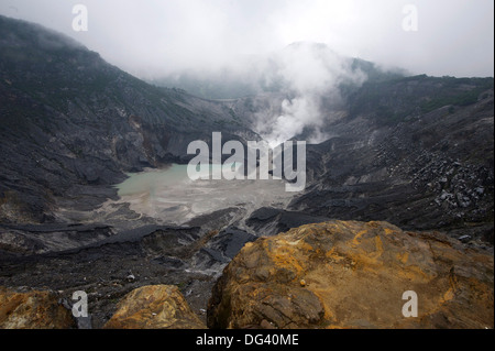 Hot vapore vulcanico rising in nubi del monsone da Kawah Ratu del monte Tangkuban Perahu,, Bandung, Java, Indonesia Foto Stock