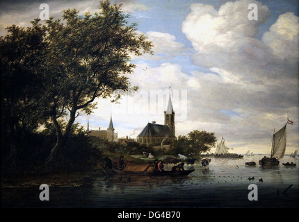 Scena fluviale con barche a pesca in primo piano (1664) dipinto di Salomon Jacobsz van Ruysdael. (c. 1602-1670) pittore paesaggista olandese del secolo d'oro. Foto Stock