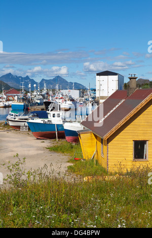 La città di spedizione di Ballstad, Vestvagoy, Isole Lofoten, Nordland, Norvegia, Scandinavia, Europa Foto Stock