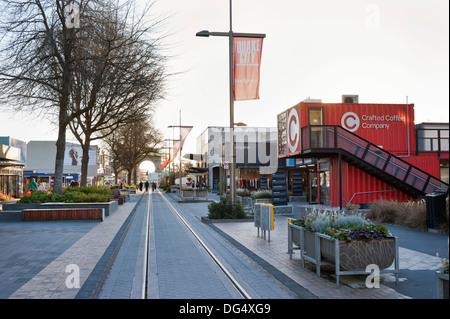 Christchurch, Nuova Zelanda. Il centro della città contenitore shopping mall in post-terremoto in Cashel Street, 2013. Foto Stock