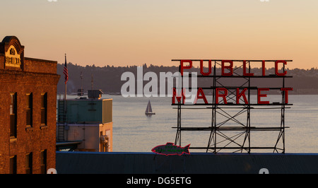 Il Pike Place Market pubblico segno di Seattle, Stati Uniti di Washington Foto Stock