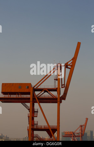 Il porto di shanghai sul fiume Huangpu con tardo pomeriggio la luce del mattino e gru rosso. Foto Stock