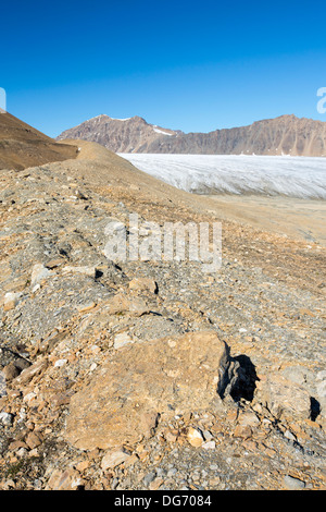 Un ghiacciaio a Recherchefjorden su Western Svalbard con morena che mostra la massiccia tasso di ritiro negli ultimi cento anni. Foto Stock