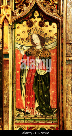 Occhio, Suffolk, San Edoardo il confessore, medievale del XV secolo rood screen pittura, Inghilterra schermi dipinti re sassone Foto Stock