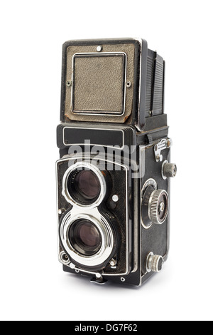 Vintage vecchia telecamera analogica, aperta su sfondo bianco Foto Stock