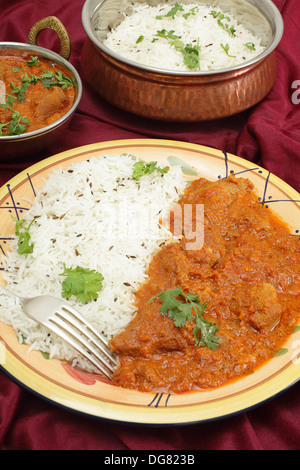 Agnello rogan josh, servita con jeera (cumino) riso in rame battuto bocce. Foto Stock