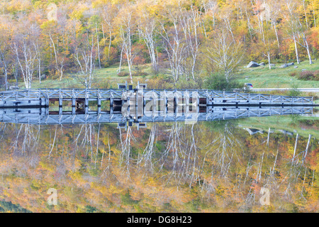 La riflessione della diga lungo il fiume Saco presso la casa di Willey sito storico nelle White Mountains, New Hampshire USA Foto Stock