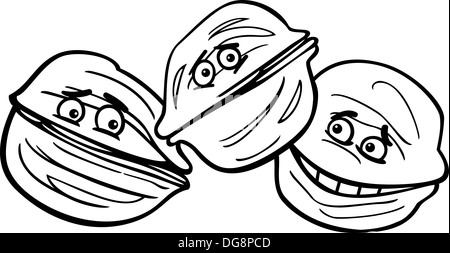 Bianco e Nero Cartoon illustrazione di divertente comico noci cibo gruppo di caratteri per il libro da colorare Foto Stock