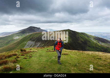 Hillwalker su Trum y Ddysgl, parte della cresta Nantlle a piedi. Parco Nazionale di Snowdonia. Gwynedd. Il Galles. Regno Unito. Foto Stock