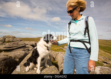 Tori di granito su Ger tor, Dartmoor Devon, Regno Unito, con una donna walker e cane. Foto Stock