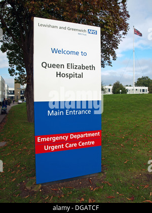 Queen Elizabeth Hospital segno, Woolwich, London, England, Regno Unito Foto Stock