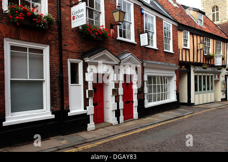 Periodo Tudor Architettura e negozi, stretta strada di ciottoli, le corsie, Norwich City, contea di Norfolk, Inghilterra, Regno Unito Foto Stock