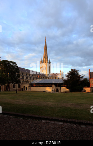 Vista estiva di Norwich Cathedral e Norwich City, contea di Norfolk, Inghilterra, Regno Unito Foto Stock