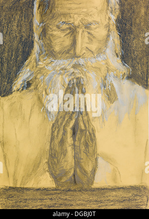 Disegnata a mano illustrazione di un vecchio uomo che prega Foto Stock