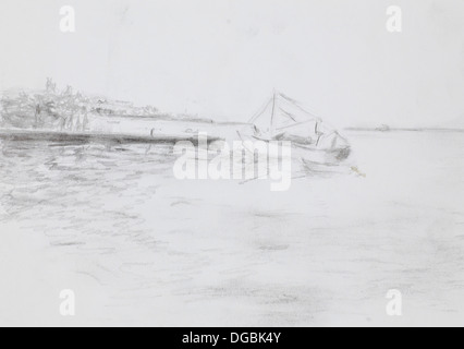 Disegnata a mano skecth di barca a vela sul mare nei pressi di un dock, tecnica matita Foto Stock