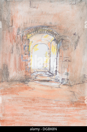 Disegnata a mano illustrazione colorata di uno stretto vicolo in un muro di pietra, matita e pastello, tecnica Foto Stock