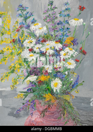 Pittura di olio che illustra variopinti scatenati bouquet di fiori in un vaso su sfondo grigio Foto Stock