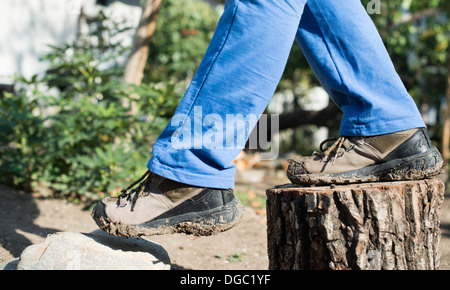 Brown scarpe da escursionismo su un moncone nella foresta Foto Stock