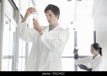 Studenti di chimica guardando i prodotti chimici di laboratorio Foto Stock