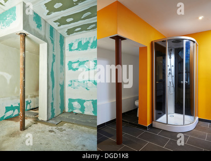 Costruzione di bagno Drywall-Plasterboard prima e dopo Foto Stock