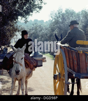 Il Portogallo, Algarve, Santa Bárbara, giovane con asino e un mulo carrello su un vicolo del paese Foto Stock