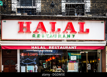 Ristorante Halal segno, Londra, Gran Bretagna Foto Stock