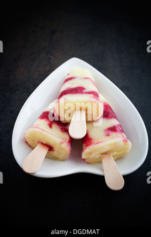 In casa popsicles con budino alla vaniglia e lamponi Foto Stock