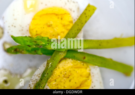 Bollito di fresco verde gli asparagi e uova con olio extra vergine di oliva Foto Stock