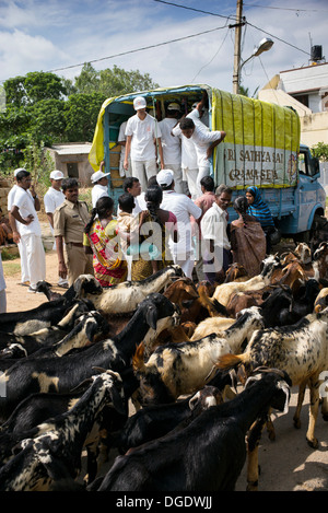 Indian Sri Sathya Sai Baba college boys distribuendo regali durante Grama Seva in un territorio rurale villaggio indiano. Andhra Pradesh, India Foto Stock