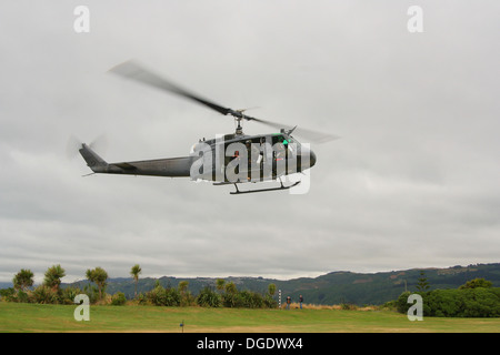 Aeronautica militare proveniente in elicottero a terra su un campo erboso Foto Stock