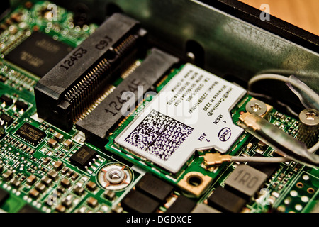Un mini-PCIe scheda di rete wireless adapter (WiFi) collegato ad una antenna tramite i cavi (mostrata in figura). Foto Stock