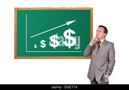 Imprenditore guardando lo schema del dollaro di profitti a bordo Foto Stock