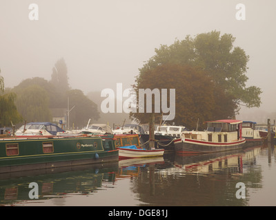 Narrowboats ormeggiato sulle rive del Tamigi vicino a Kingston, Inghilterra Foto Stock