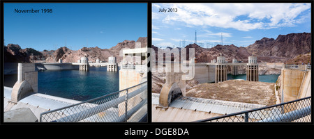 Il lago Mead presso la Diga di Hoover che mostra la bassa senza precedenti dei livelli dell'acqua nel 2013 rispetto al 1998, Arizona/Nevada, STATI UNITI D'AMERICA Foto Stock