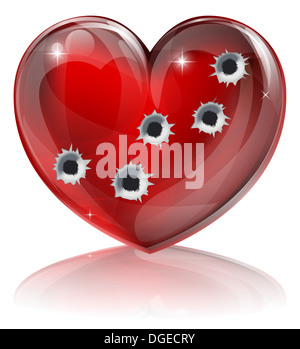 Bullet foro cuore concetto di un cuore icona sagomata con fori di proiettile. Cuore spezzato o altro amore o relazioni problema concetto. Foto Stock