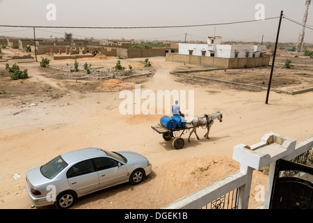 Il Senegal, Tivaouane. Carrozza trainata da cavalli eroga acqua in barili di nuove case come la città si espande. Foto Stock