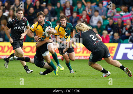 Northampton, Regno Unito. Xx oct, 2013. Northampton è ben Foden corre con la palla. Azione dal 2013-14 Heineken Cup Pool 1 Round 2 match tra Northampton Santi (ITA) e asprì (WAL) ha suonato presso Franklin's Gardens, Northampton domenica 20 ottobre 2013. Credito: Graham Wilson/Alamy Live News Foto Stock