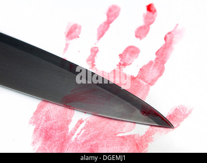 Bloody handprint e coltello, Londra Foto Stock