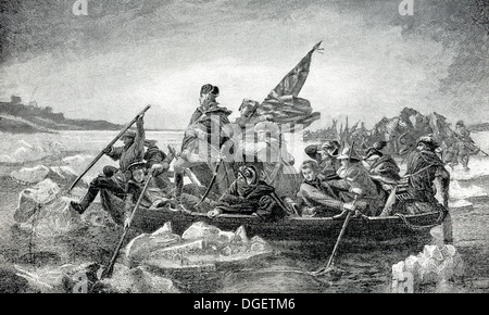 In questa guerra rivoluzionaria americana scena, General George Washington attraversa il fiume Delaware sul dicembre 25, 1776. Foto Stock