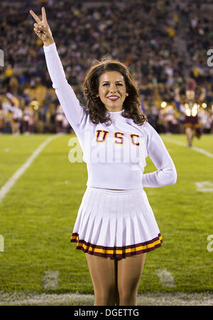 South Bend, Indiana, Stati Uniti d'America. Xix oct, 2013. Ottobre 19, 2013: USC canzone ragazza esegue durante il NCAA Football azione di gioco tra la cattedrale di Notre Dame Fighting Irish e l'USC Trojans al Notre Dame Stadium di South Bend, Indiana. Notre Dame sconfitto USC 14-10. © csm/Alamy Live News Foto Stock