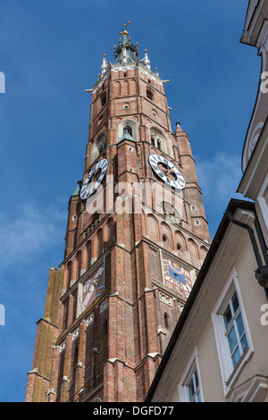 San Martino, Torre gotica Basilica Collegiata di San Martino, del secolo XIV, Landshut, Bassa Baviera, Baviera, Germania Foto Stock