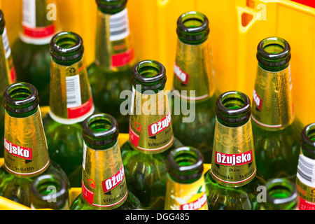 Birra vuote le bottiglie di vetro in casse di plastica. Korcula Foto Stock