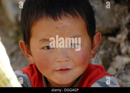 Ragazzo tibetano, ritratto, fortezza Yumbulagang, Yarlung Valley, Tsetang, Tibet, Cina e Asia Foto Stock